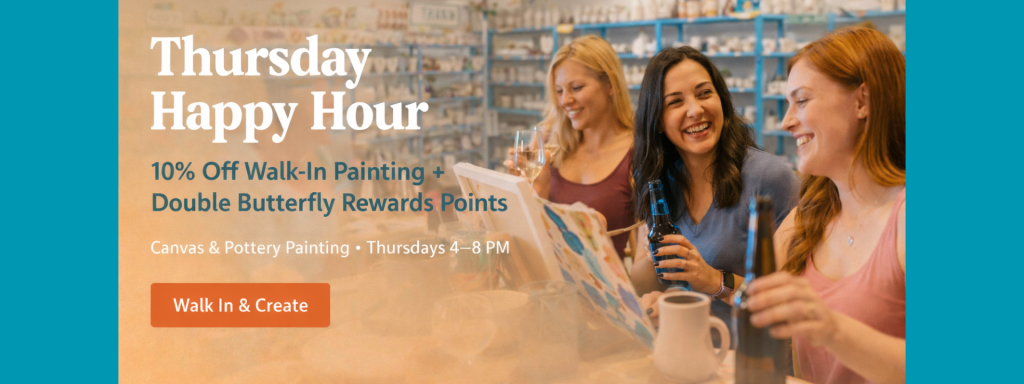 Thursdays: Friends & Family Happy Hour 🎉
Join us every Thursday for our most social night of the week! Bring your crew, enjoy a relaxed creative atmosphere, and make something together. Walk-ins welcome — reserve your table to guarantee your seat.