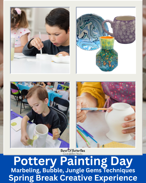 Spring Break Kids Art Experience 2026 –  Pottery Painting Techniques Day | Ages 8-14 | Friday March 13th | 1pm to 4pm
