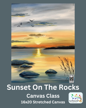 Sunset On The Rocks 16x20 canvas painting featuring a golden sunset over calm water with rocks in the foreground, guided canvas class at Burst of Butterflies Create & Paint Studio in Arizona.
