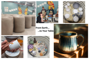 Pottery process from clay to finished mug at Burst of Butterflies studio, showing wheel throwing, kiln firing, painting, and final glazed ceramic piece